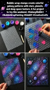 Bubble wrap stamps create colorful galaxy patterns with stars, planets,…