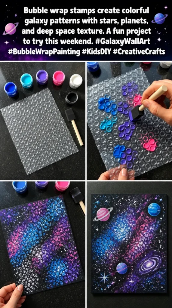 Colorful galaxy patterns created using bubble wrap stamps in a DIY art project
