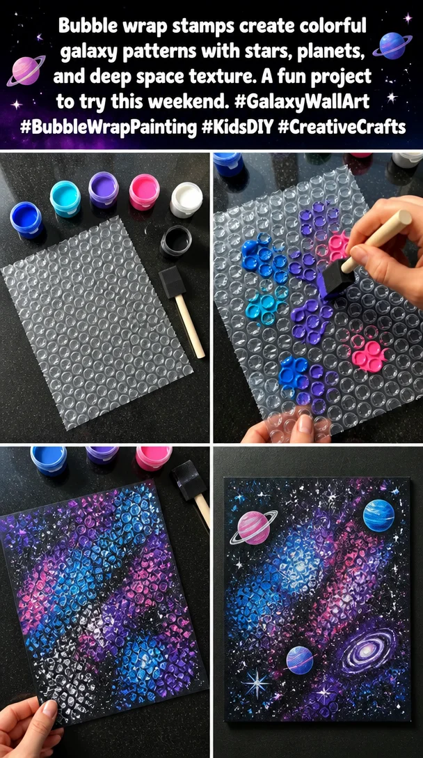 Colorful galaxy patterns created using bubble wrap stamps in a DIY art project