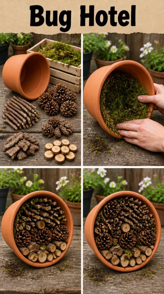 Image of a DIY Bug Hotel made from natural materials for garden biodiversity.