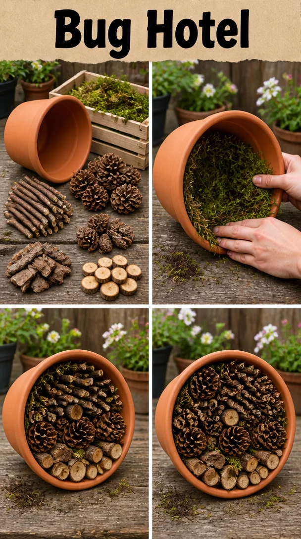Image of a DIY Bug Hotel made from natural materials for garden biodiversity.