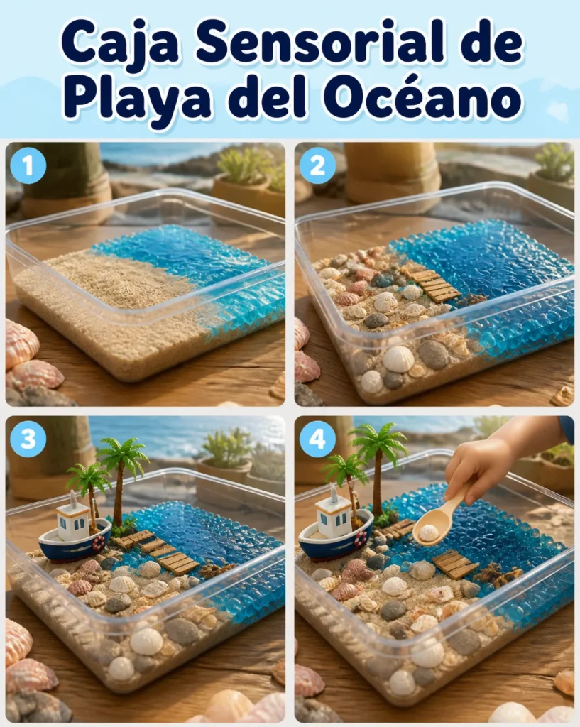 Caja Sensorial de Playa del Océano con arena y elementos marinos para niños.