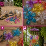 Campana de viento con flores elaboradas con botellas de plástico.