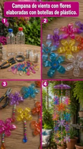 Campana de viento con flores elaboradas con botellas de plástico.