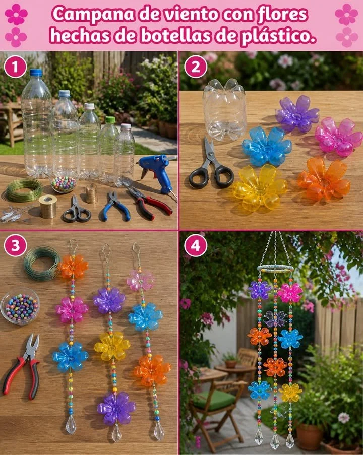 Campana de viento con flores elaboradas con botellas de plástico.