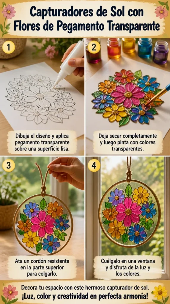 Capturadores de sol decorativos con flores de pegamento transparente