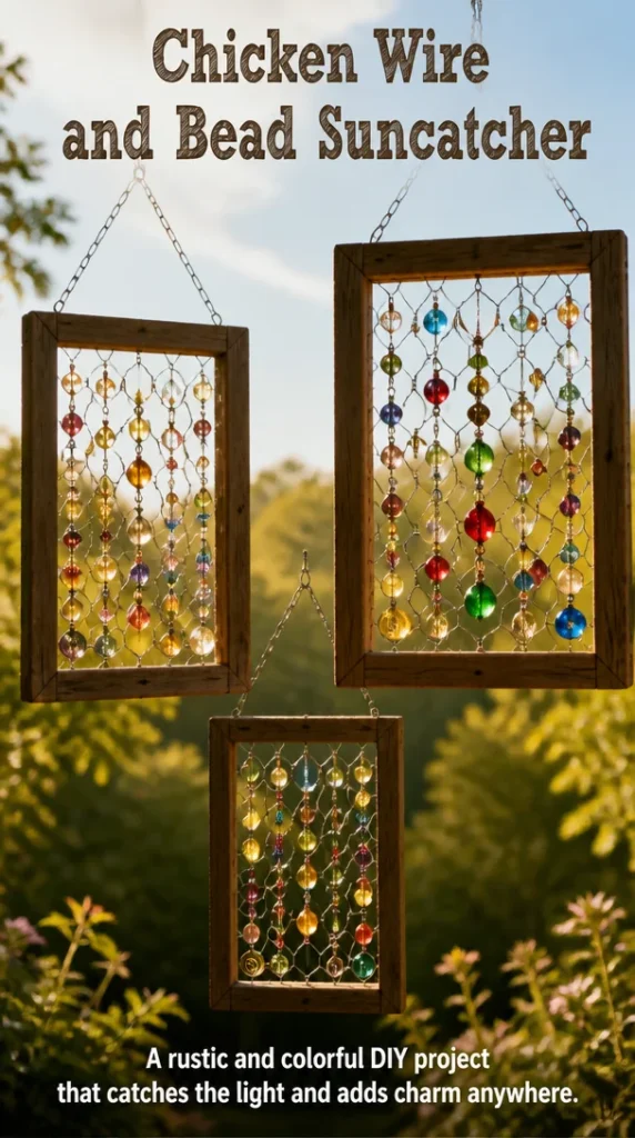 DIY chicken wire and bead suncatcher reflecting colorful sunlight