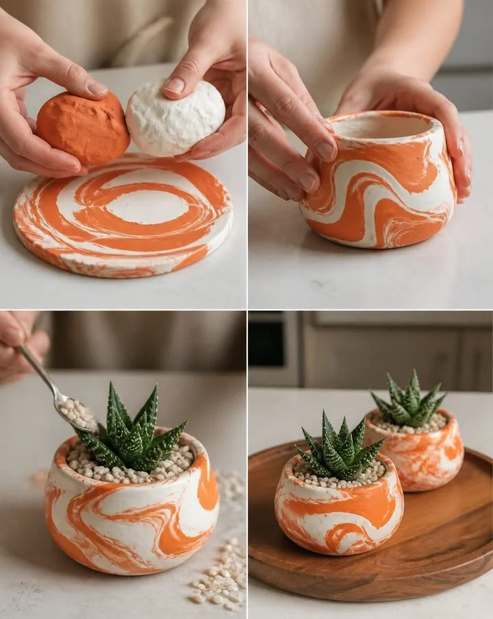 Clay air-dry veined pots that combine beautiful colors in charming handmade planters with a unique artistic finish. A family creative project. Save this project! #...