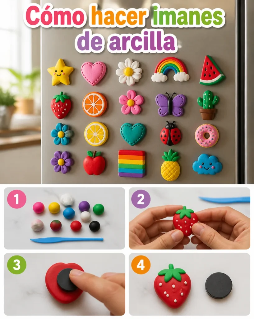 Imanes de arcilla hechos a mano en diferentes formas y colores.