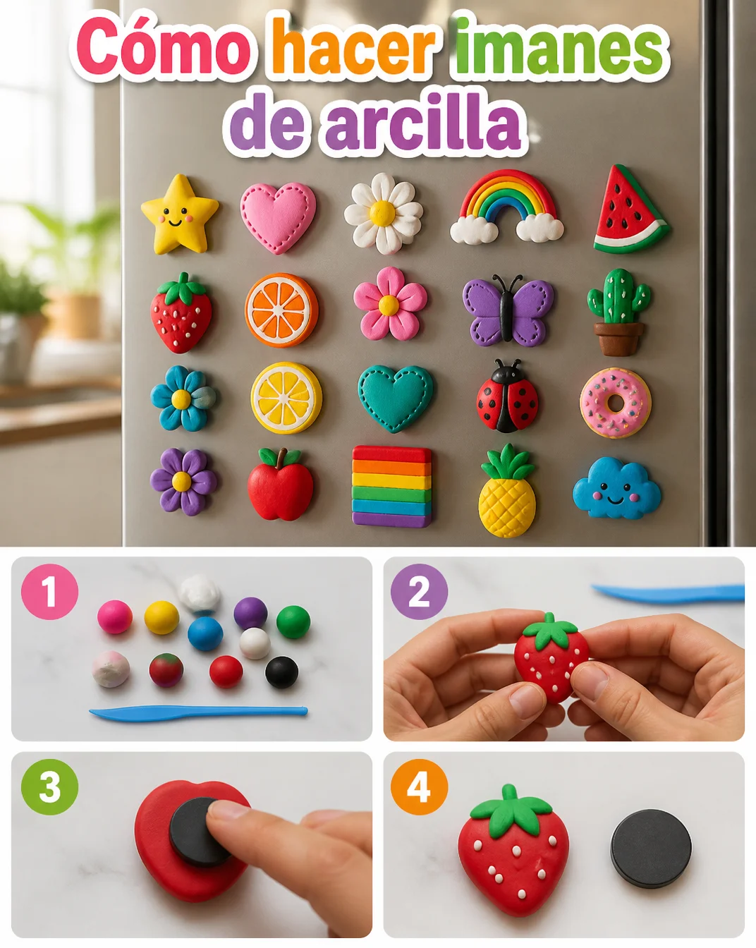 Imanes de arcilla hechos a mano en diferentes formas y colores.