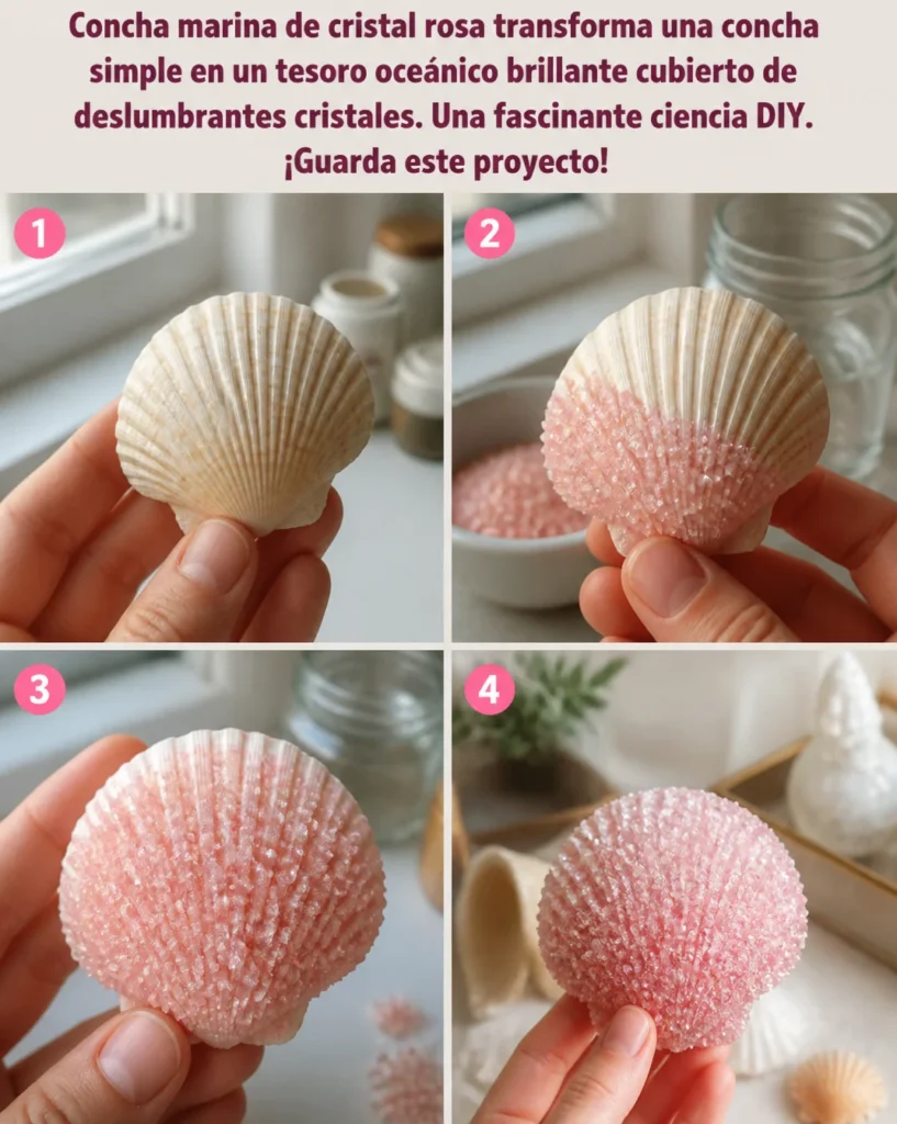Concha marina de cristal rosa brillante con cristales deslumbrantes