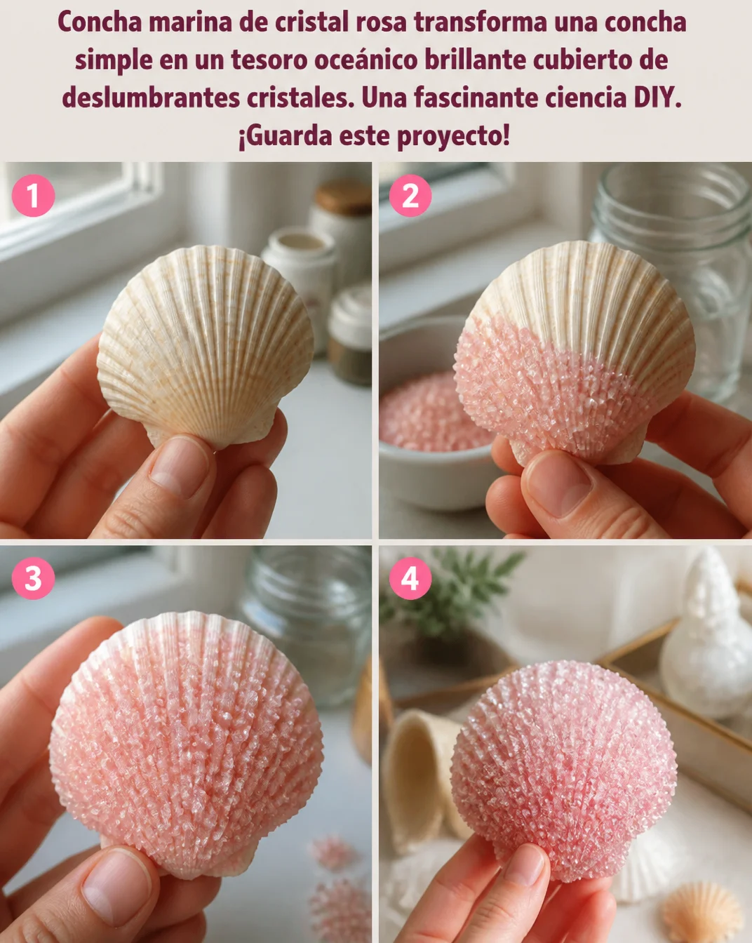 Concha marina de cristal rosa brillante con cristales deslumbrantes