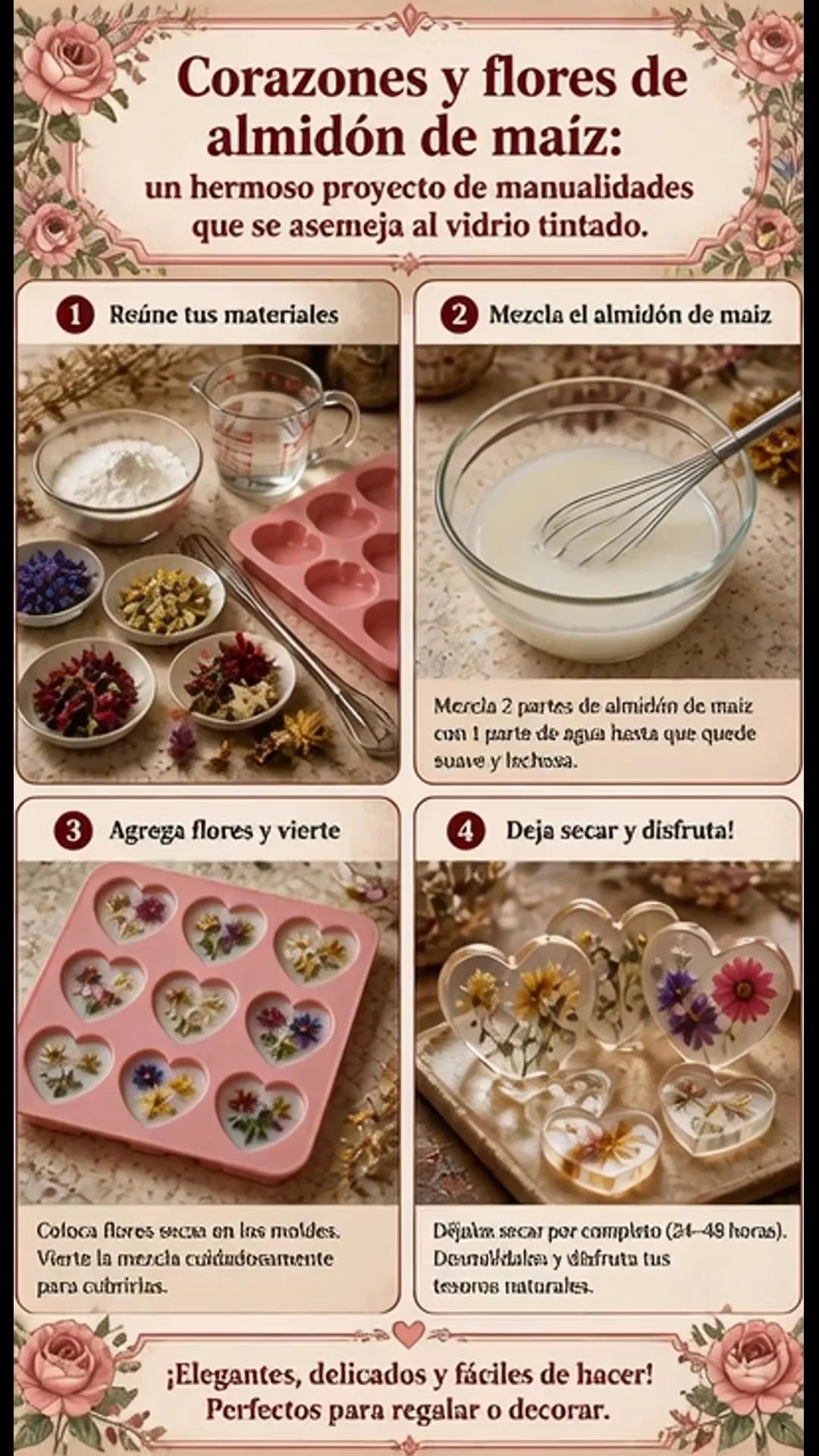 Corazones y flores de almidón de maíz: un precioso proyecto de manualidades que se parece al vidrio teñido.
