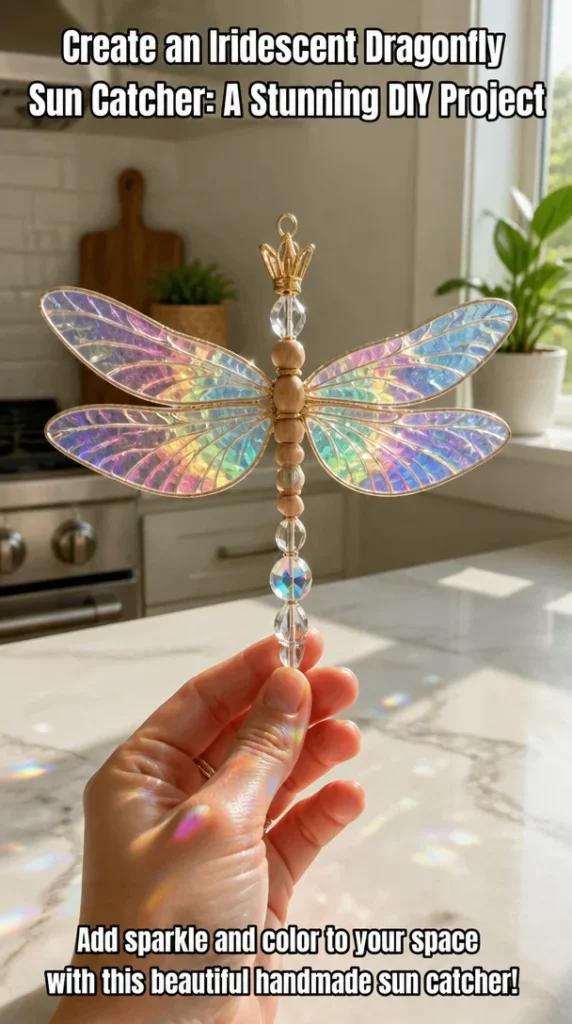 DIY iridescent dragonfly sun catcher glowing in sunlight