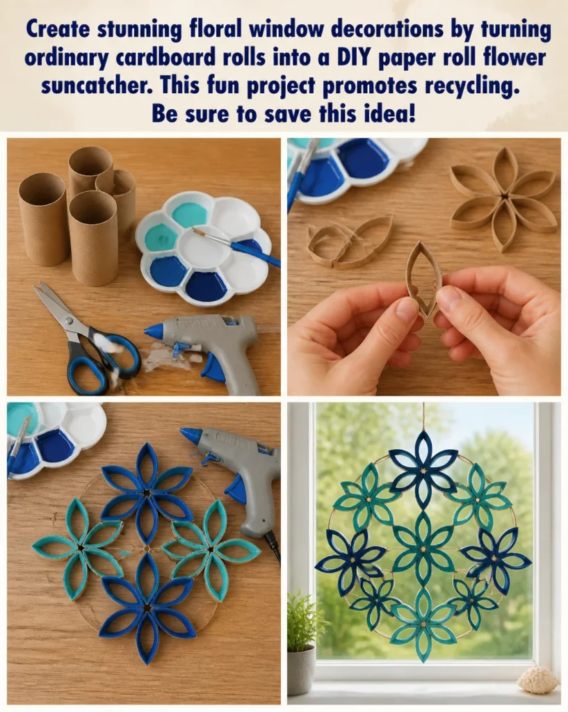 DIY paper roll flower suncatcher made from recycled cardboard rolls