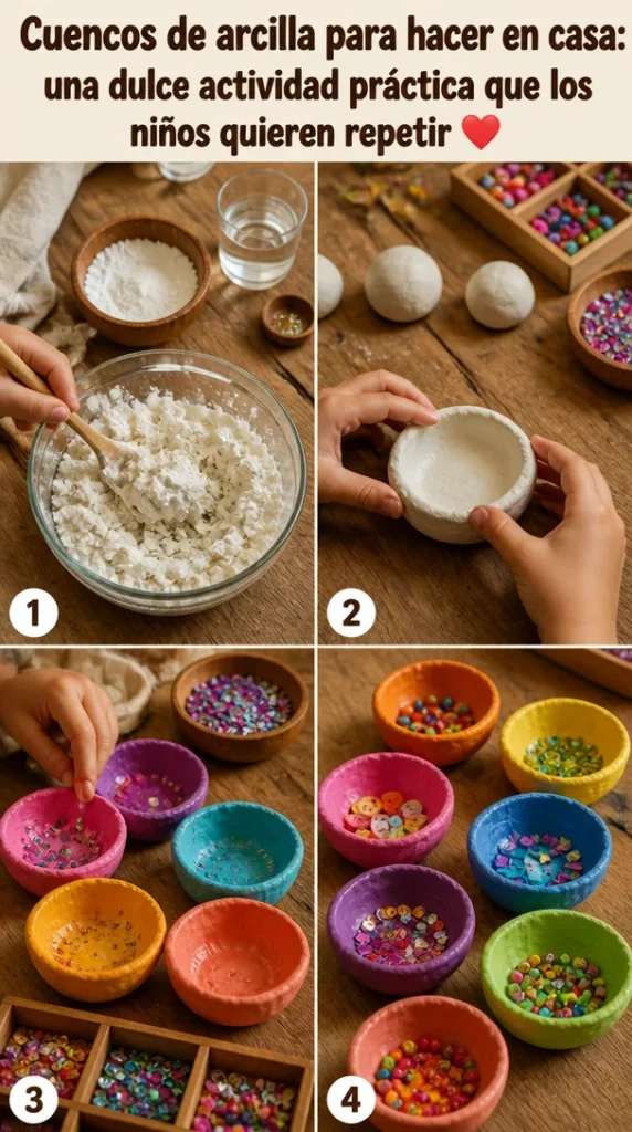Cuencos de arcilla hechos en casa por niños durante una divertida actividad creativa.