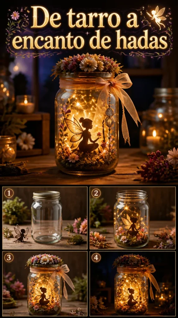 Tarro decorado con encanto de hadas y elementos mágicos