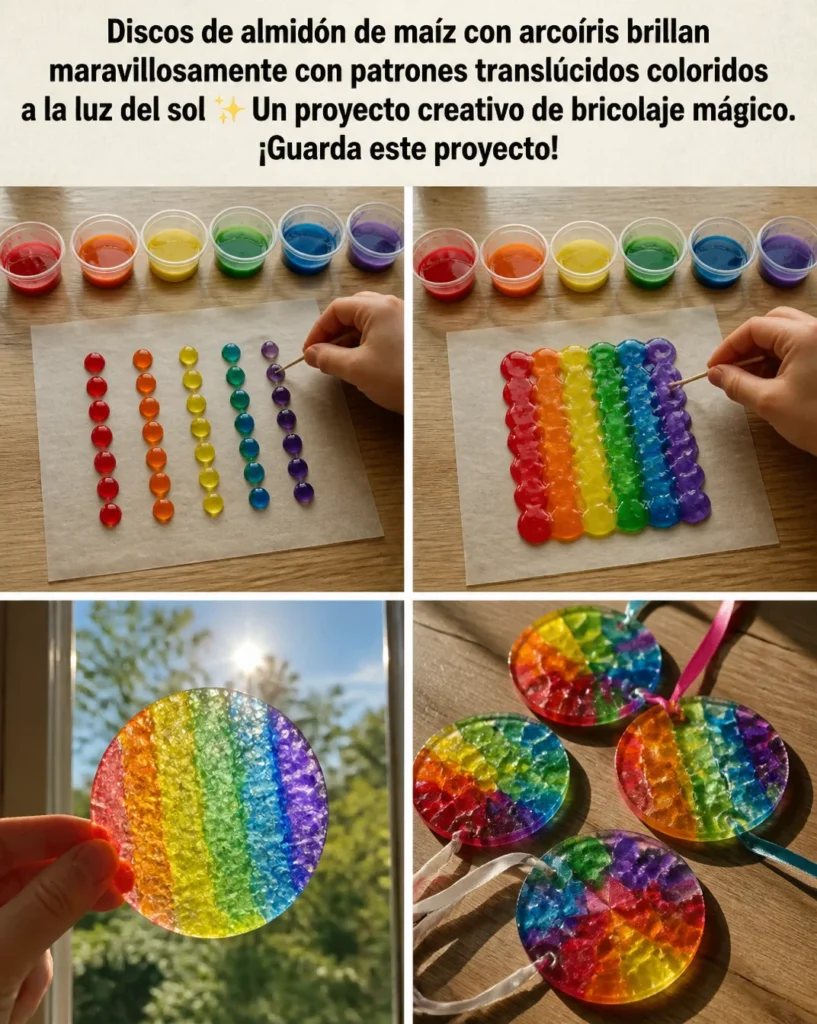 Discos de almidón de maíz brillantes con patrones translúcidos coloridos bajo el sol