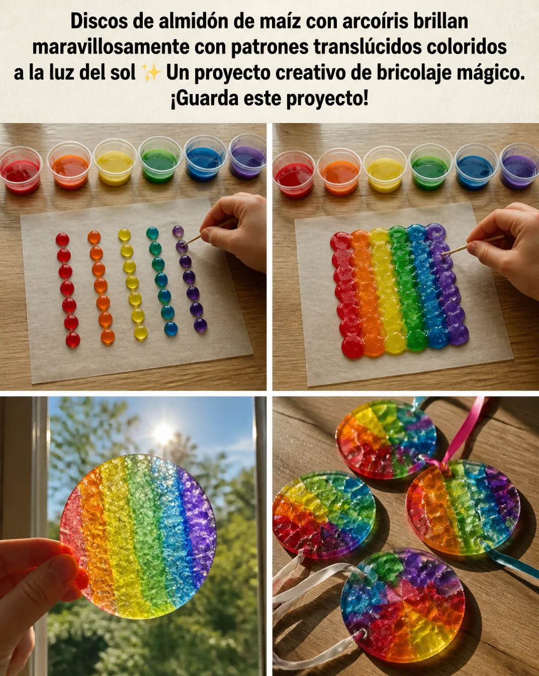 Discos de almidón de maíz brillantes con patrones translúcidos coloridos bajo el sol