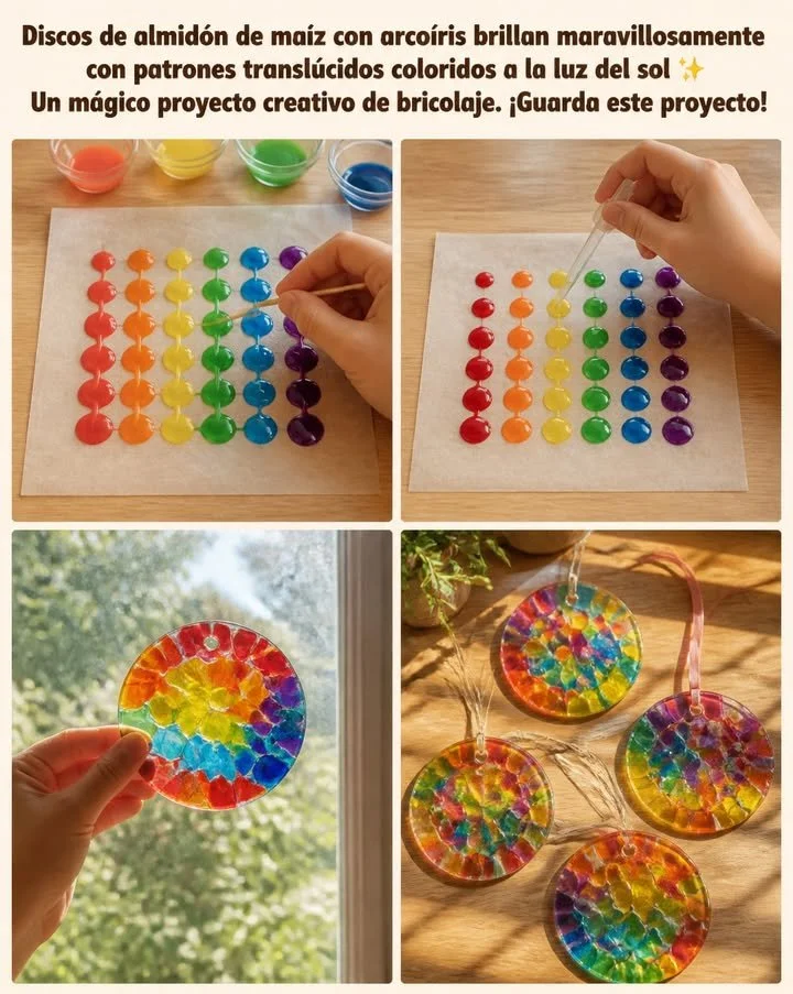 Discos de almidón de maíz con arcoíris brillan maravillosamente con patrones translúcidos coloridos a la luz del sol ✨ Un proyecto creativo de bricolaje mágico. ¡Guarda este proyecto!