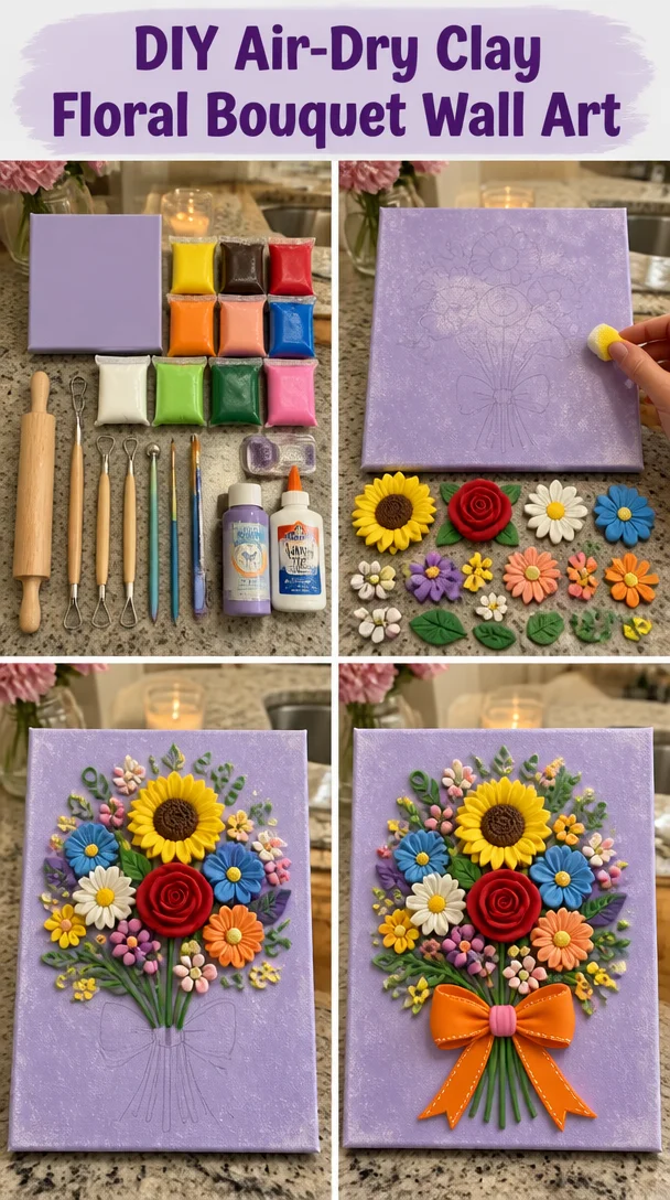 DIY air-dry clay floral bouquet wall art creation