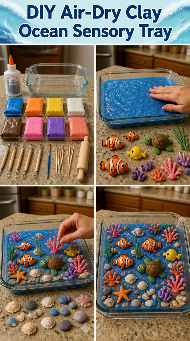 DIY air-dry clay ocean sensory tray for kids' sensory play activities.