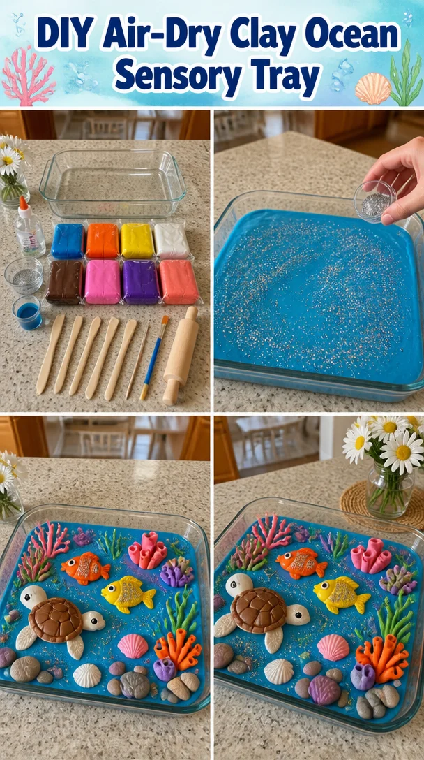 A colorful DIY air-dry clay ocean sensory tray with ocean-themed shapes.