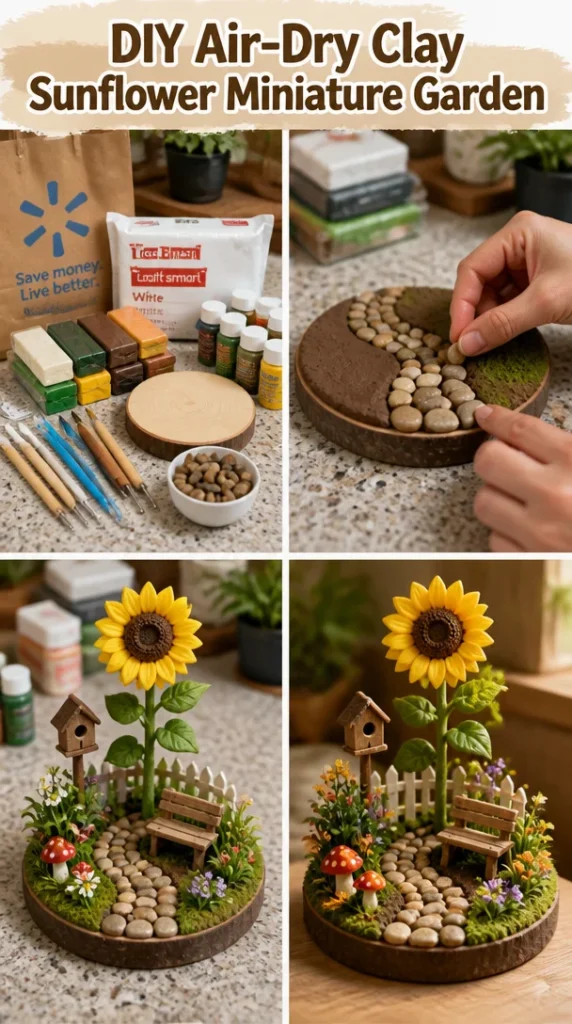 DIY air-dry clay sunflower miniature garden project with vibrant flowers