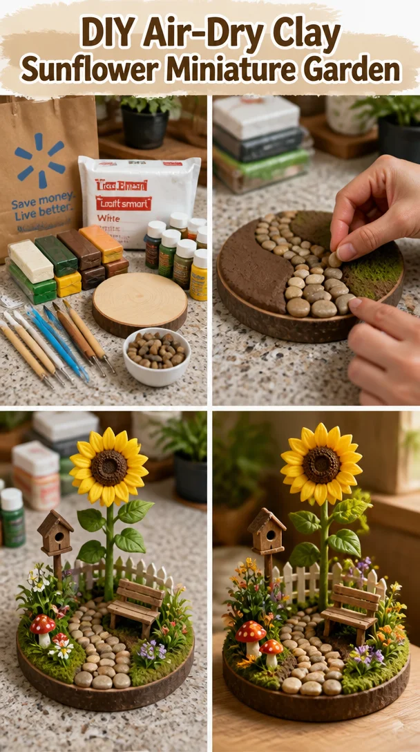DIY air-dry clay sunflower miniature garden project with vibrant flowers
