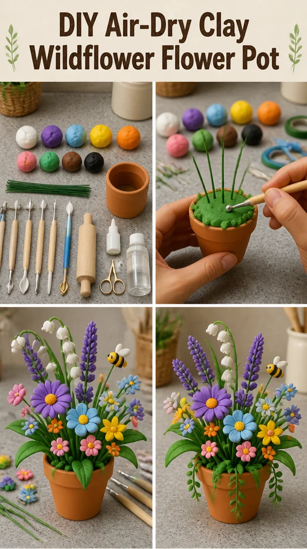 DIY air-dry clay wildflower flower pot craft project