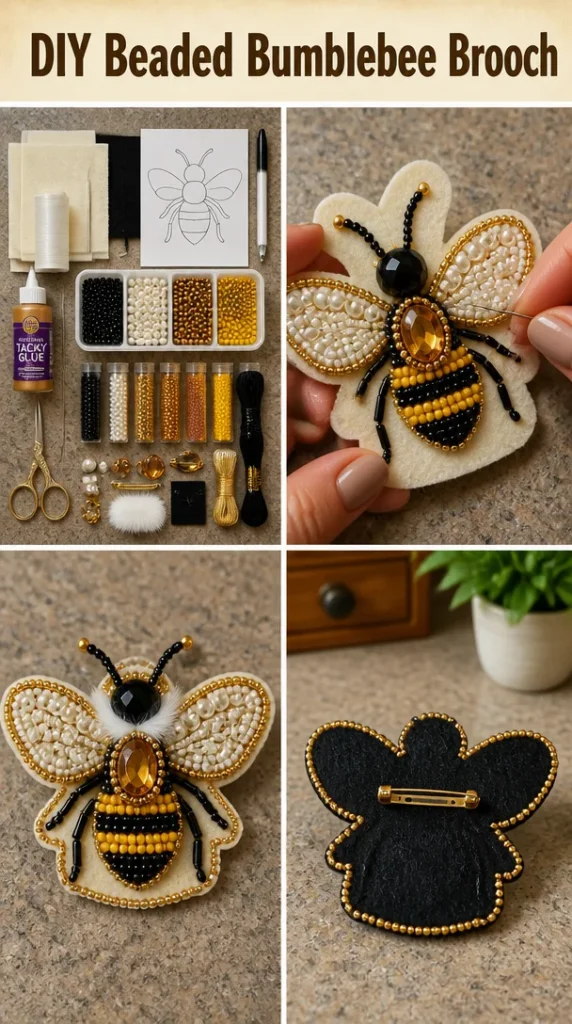 DIY beaded bumblebee brooch with intricate designs and colorful beads