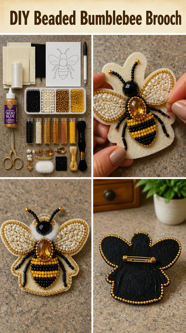 DIY beaded bumblebee brooch with intricate designs and colorful beads