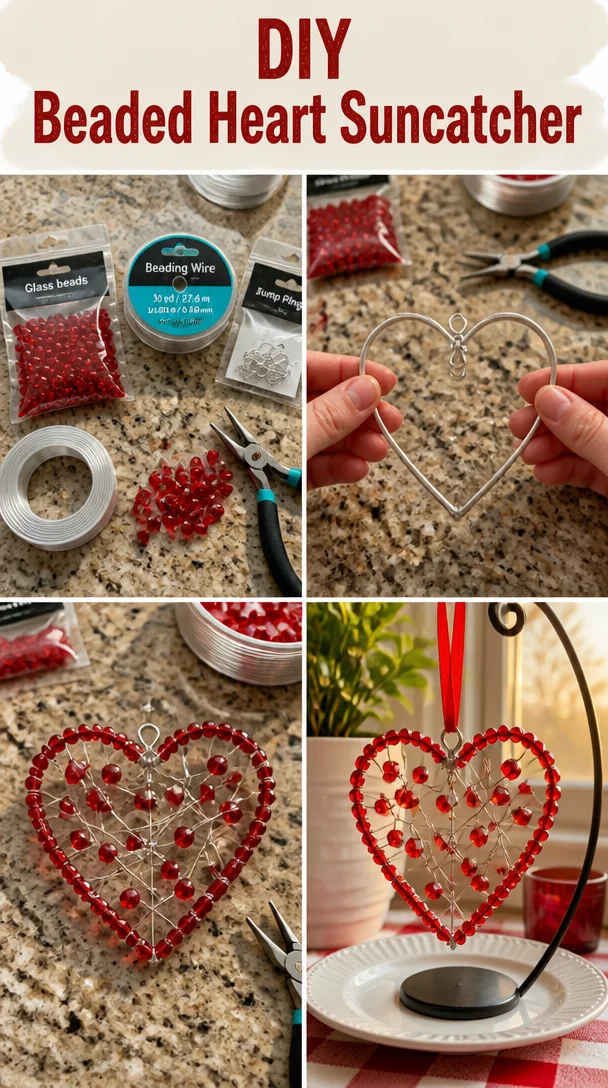 DIY beaded heart suncatcher hanging in sunlight