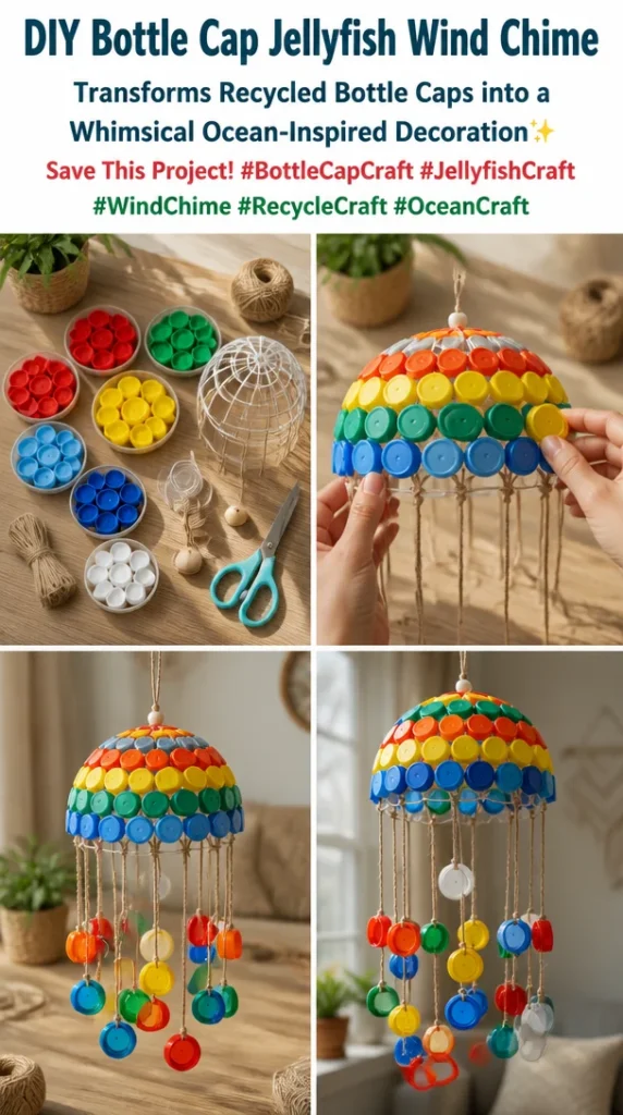 Colorful bottle cap jellyfish wind chime made from recycled materials