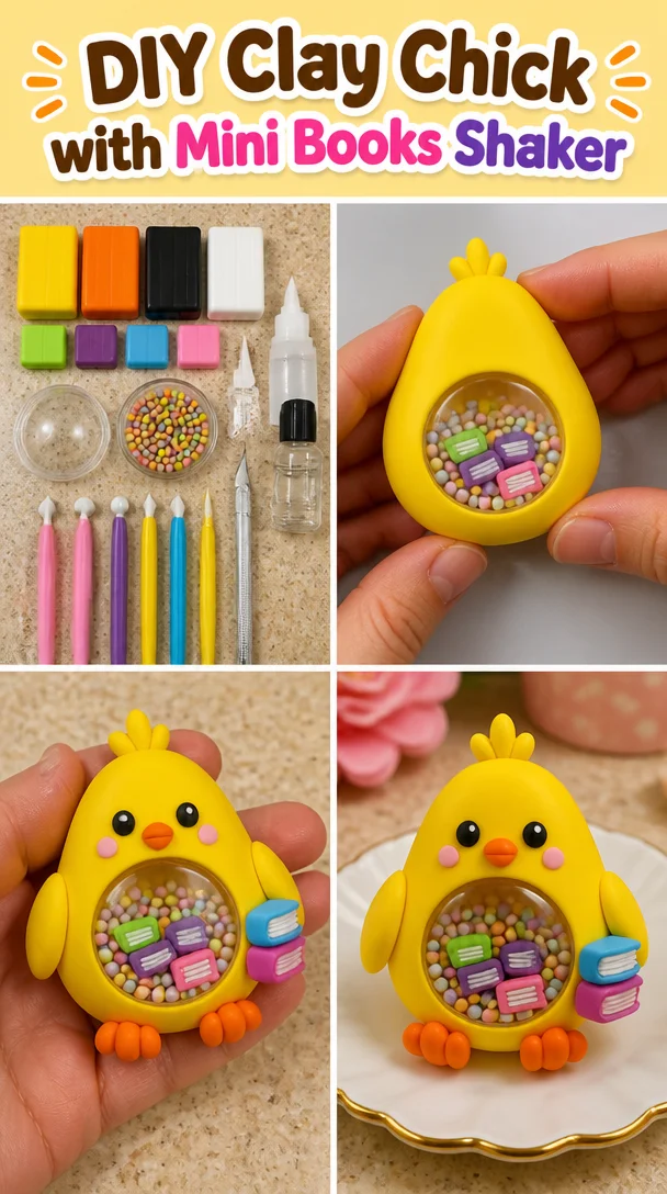 DIY Clay Chick craft with mini books shaker for creative projects