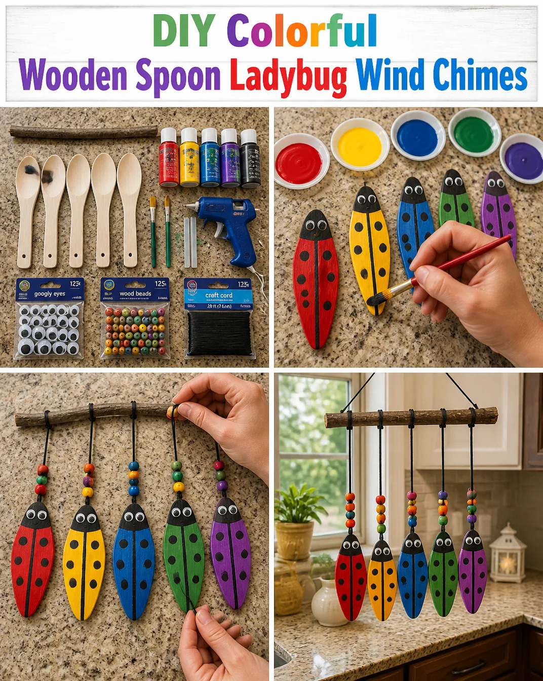 DIY colorful wooden spoon ladybug wind chimes hanging outside