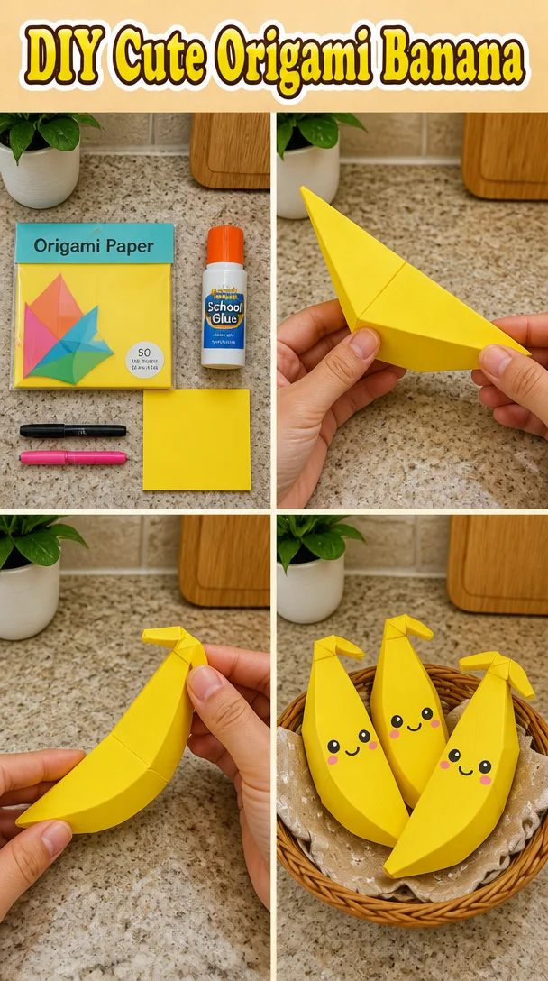Cute origami banana crafted from colorful paper.