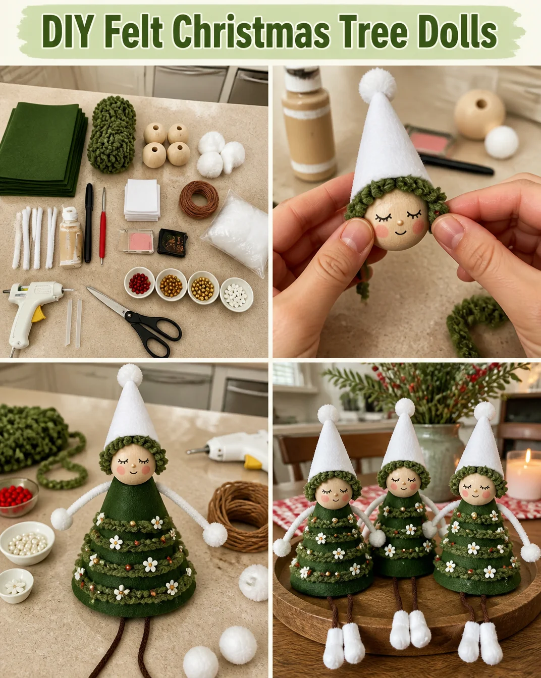 DIY felt Christmas tree dolls for festive holiday decorations.