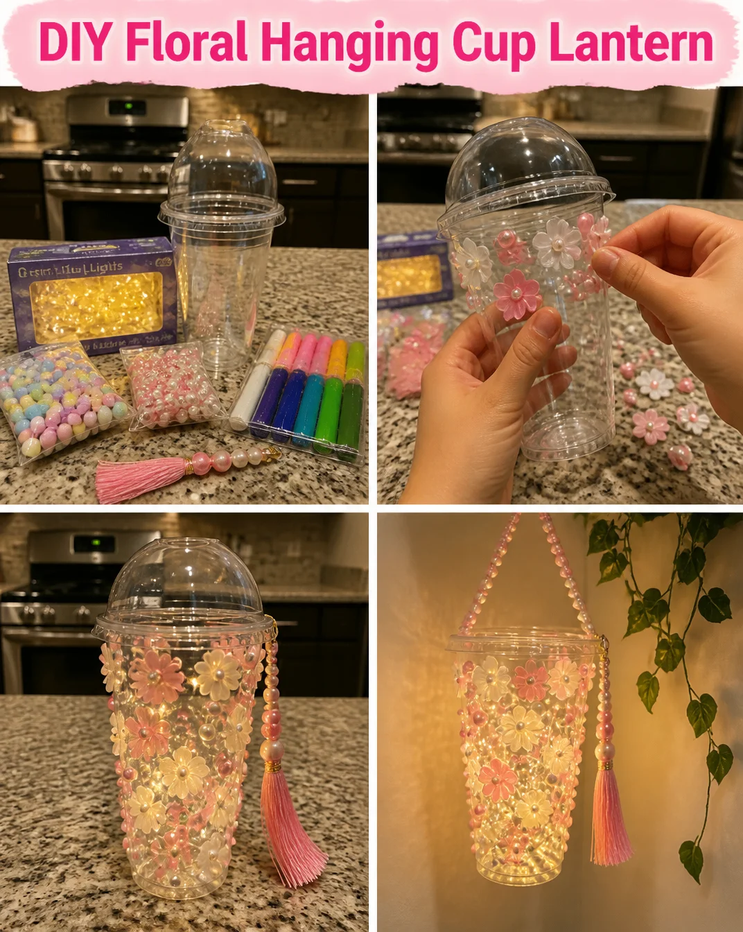 DIY floral hanging cup lantern made with vibrant flowers and elegant design