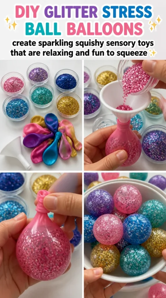 DIY glitter stress ball in colorful balloons for sensory relaxation