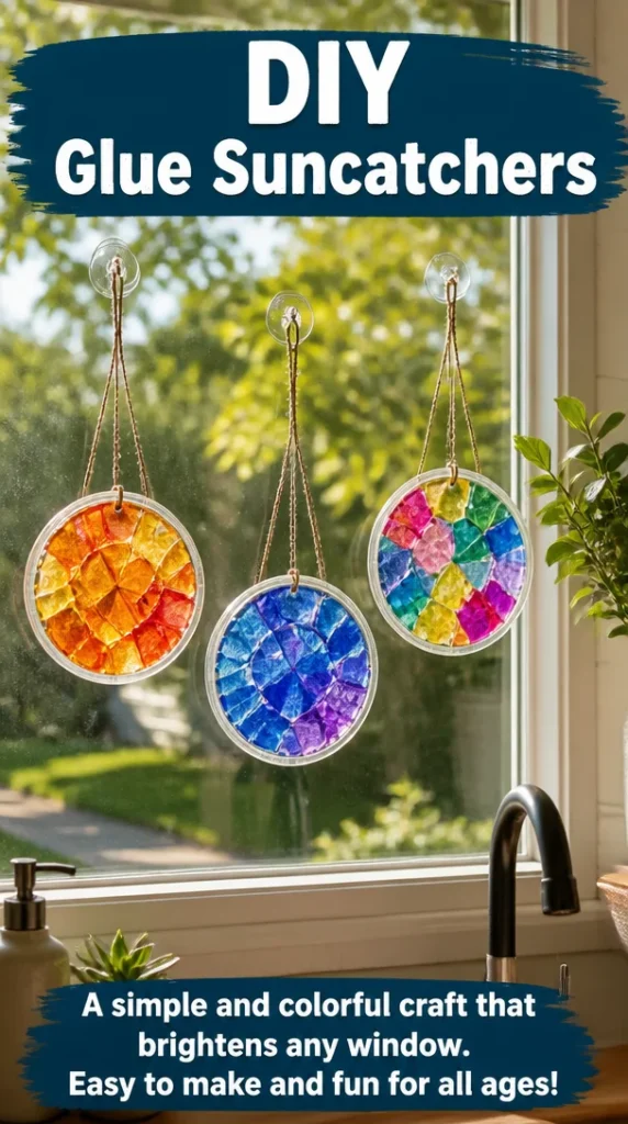 Colorful DIY glue suncatchers hanging in a window