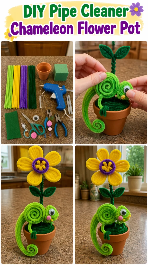 Colorful DIY pipe cleaner chameleon decoration for flower pot