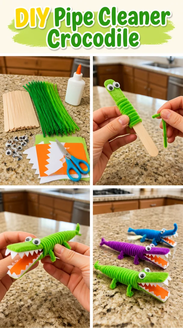 Colorful DIY pipe cleaner crocodile craft project