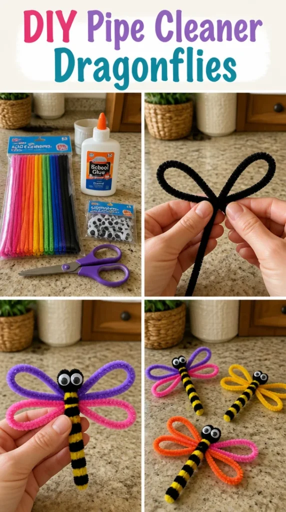 Colorful DIY pipe cleaner dragonflies crafted for kids' arts and crafts.