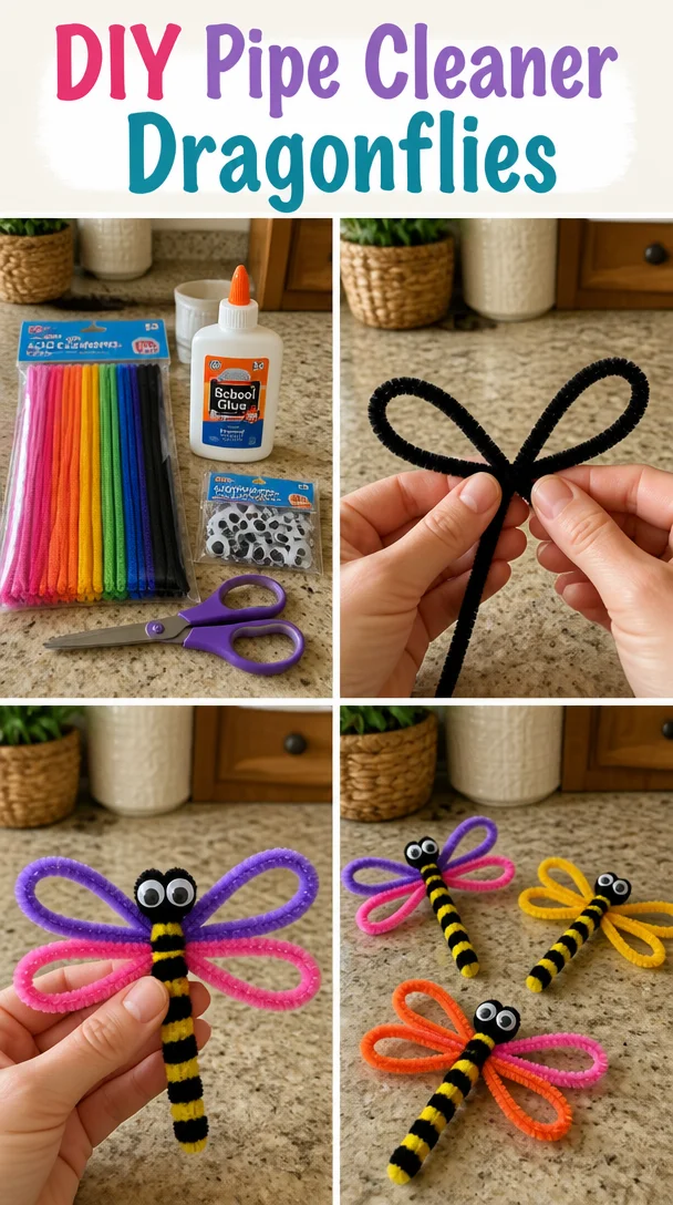 Colorful DIY pipe cleaner dragonflies crafted for kids' arts and crafts.