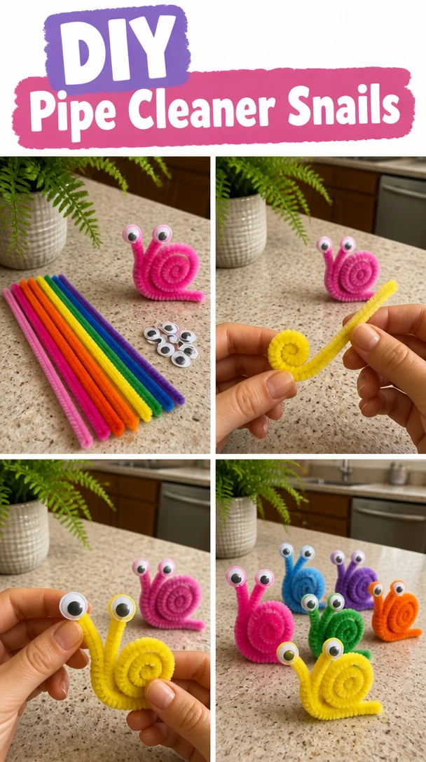 Colorful DIY pipe cleaner snails crafted for a fun art project.