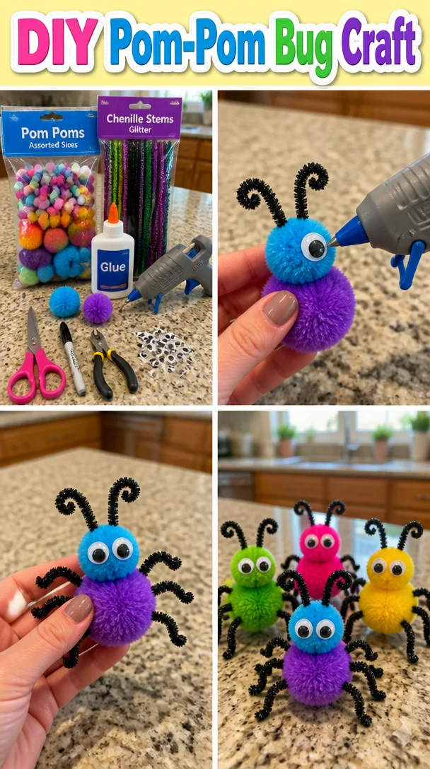 DIY Pom-Pom Bug craft project materials and finished bugs
