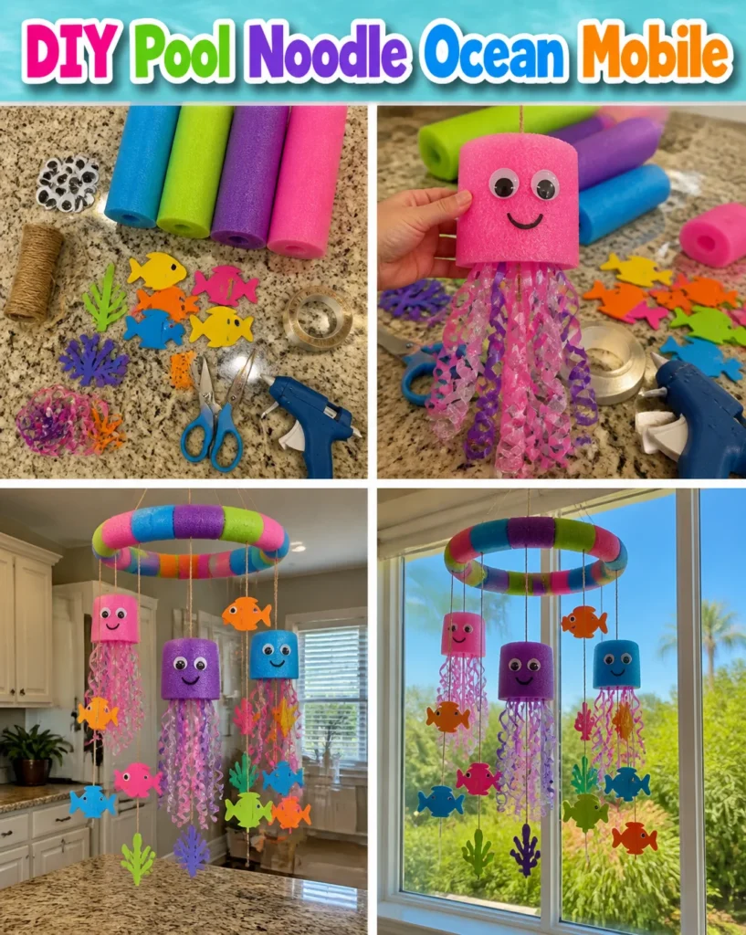 Colorful DIY pool noodle ocean mobile hanging in a bright room.