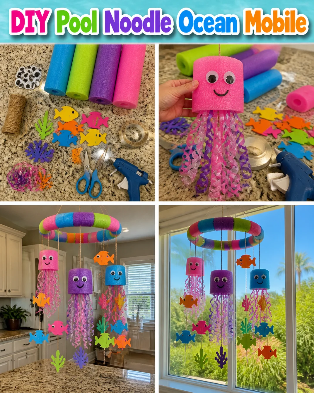 Colorful DIY pool noodle ocean mobile hanging in a bright room.