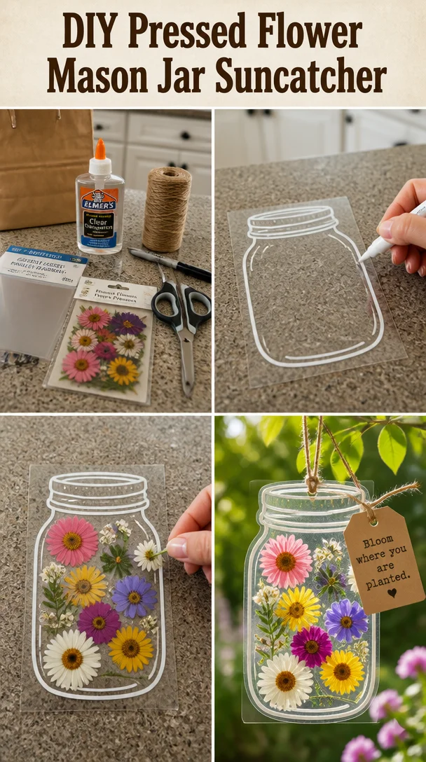 DIY pressed flower mason jar suncatcher with colorful petals
